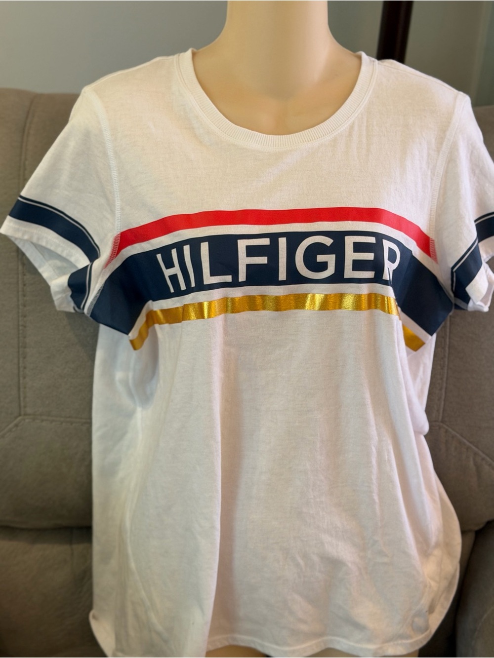 Tommy Hilfiger White Short Sleeve Tee with Red, Navy & Gold Stripes
